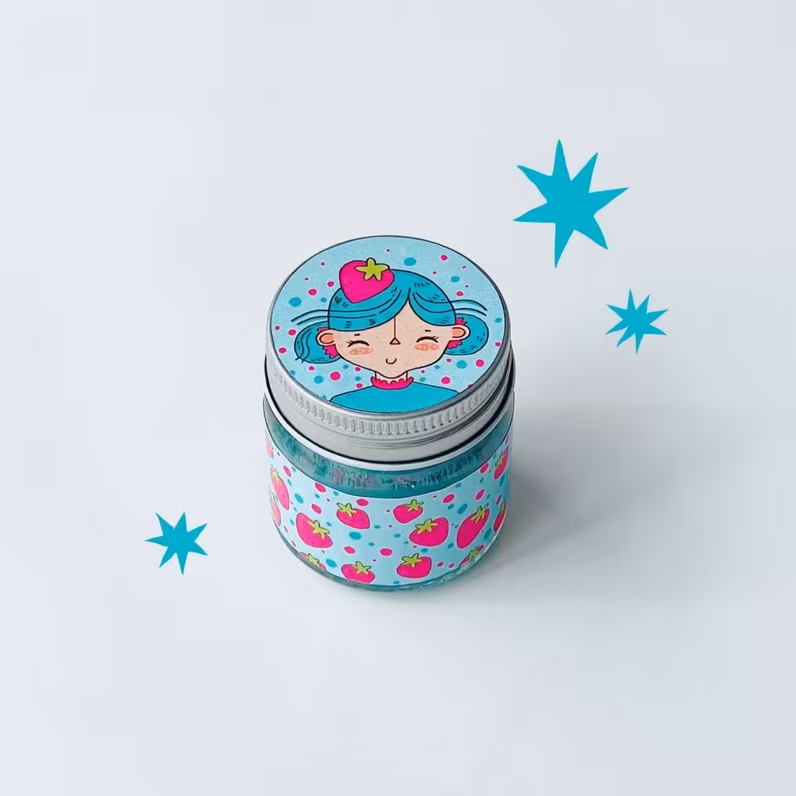 ست شمع فندقی و کبریت فانتزی آبی رنگ طرح توت فرنگی