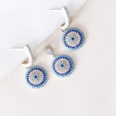 نیم ست نقره چشم نظر طرح جدید با نگین فیروزه ای کد 1618