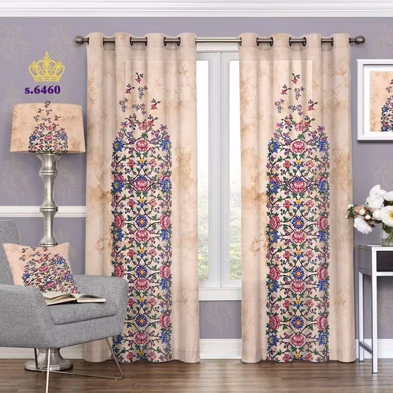 پرده جدید پذیرایی پانچ دو قواره آماده طرح اسلیمی گل ریز کد 6460