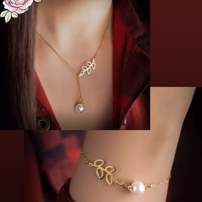 گردنبند و دستبند برگ و مروارید استیل رنگ ثابت طرح طلا 