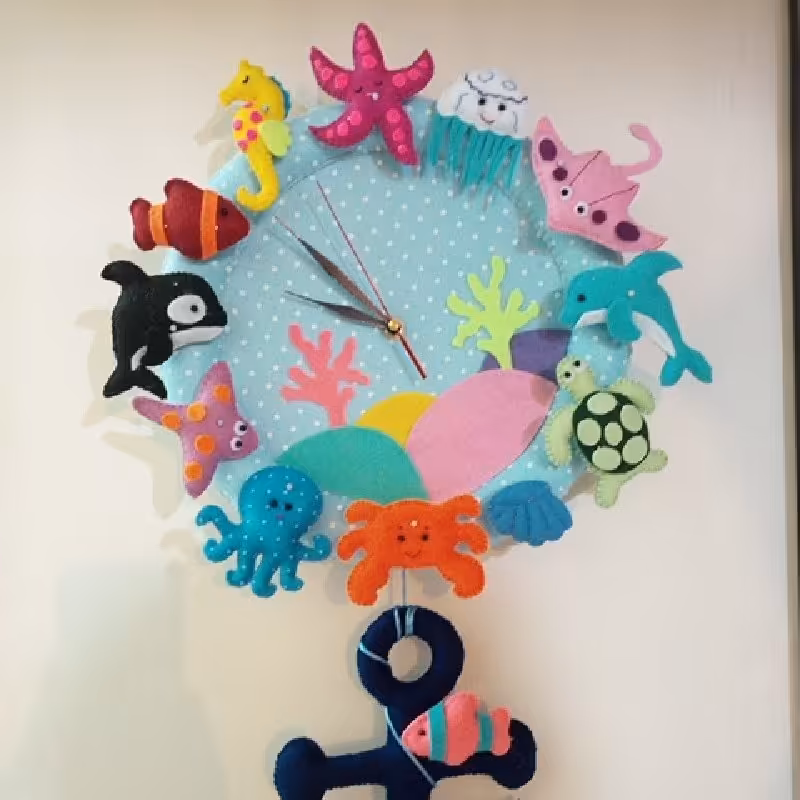 ساعت دیواری نمدی حیوانات دریایی