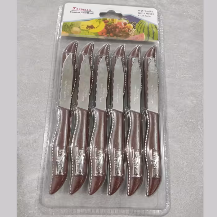 کارد میوه خوری 12عددی مارک ماربلا طرح هخامنشی برجسته با تیغه استیل و دسته پلاستیک فشرده برزیل (چاقو)و طول 16 سانت     