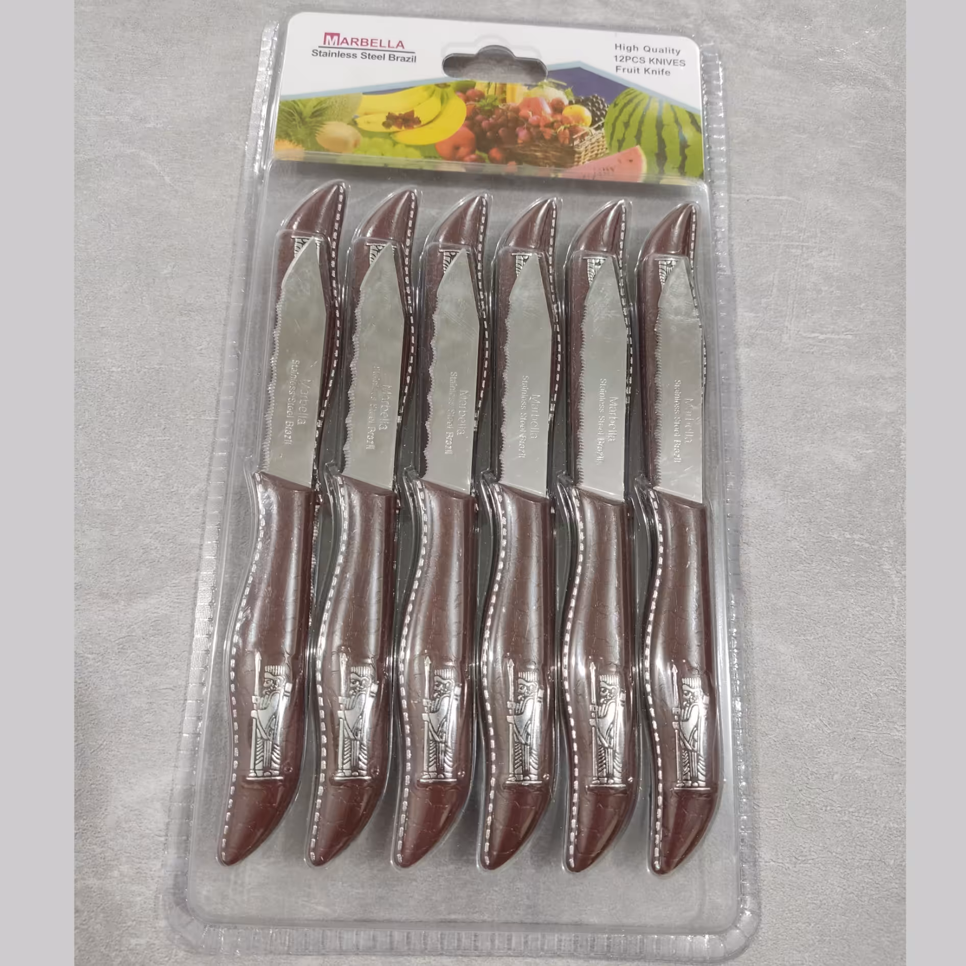 کارد میوه خوری 12عددی مارک ماربلا طرح هخامنشی برجسته با تیغه استیل و دسته پلاستیک فشرده برزیل (چاقو)و طول 16 سانت     