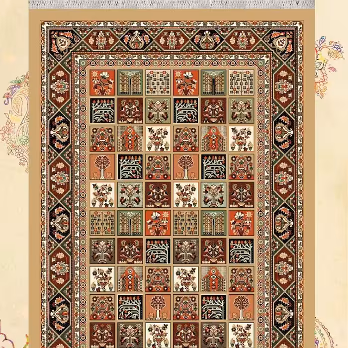 گلیم فرش ماشینی کاشان طرح خشتی بادامی(1در3)متری(هزینه ارسال باخریداروپس کرایه میباشد)