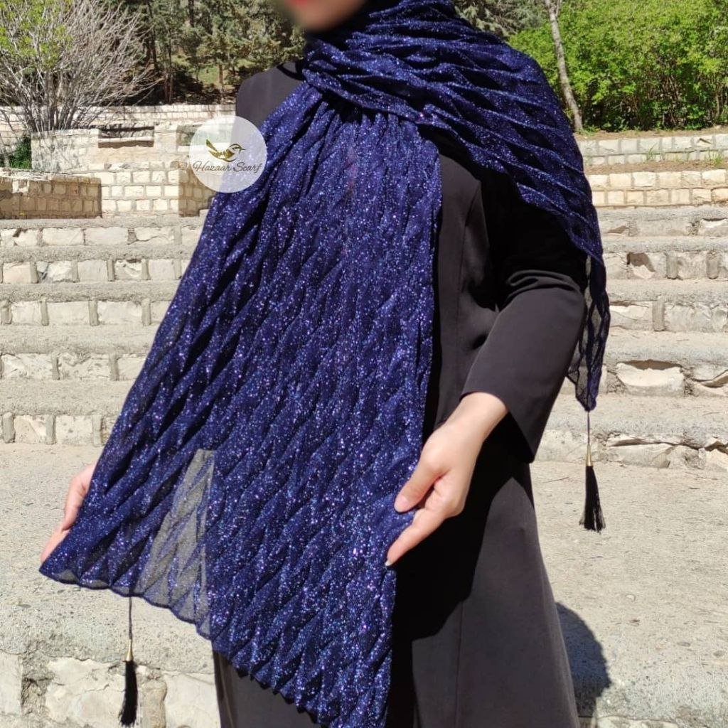 شال پلیسه لمه سرمه ای هرچهار گوشه منگوله دار نخی مجلسی و بیرونی