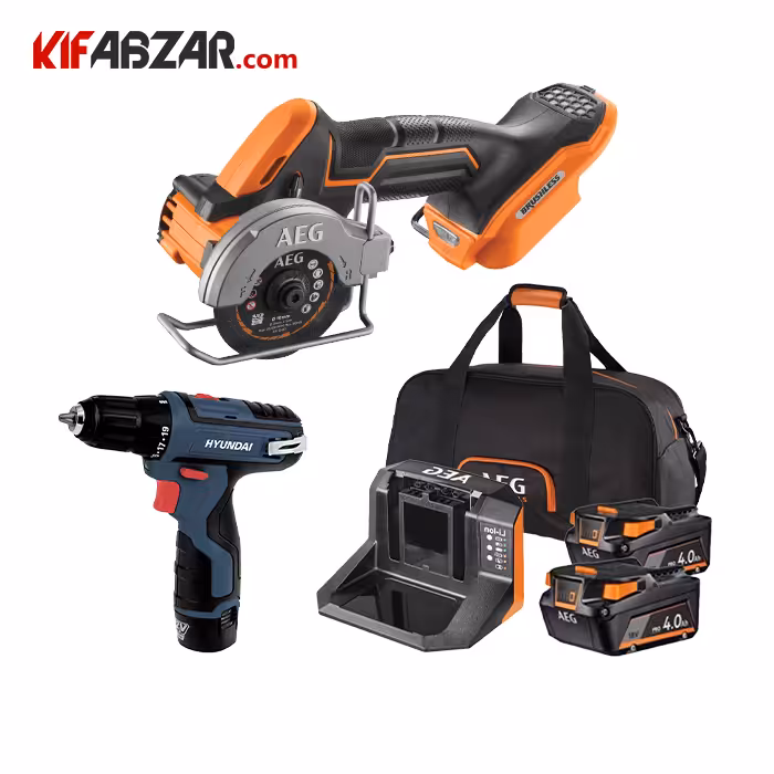 مینی فرز همه کاره شارژی آاگ +  کیت باتری و شارژر 4 آمپر آاگ + دریل شارژی هیوندای