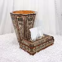 ست جعبه دستمال کاغذی لولادار و سطل زباله اعلا خاتم کاری(مدل توپی تیره)(گارانتی 120 ماهه)