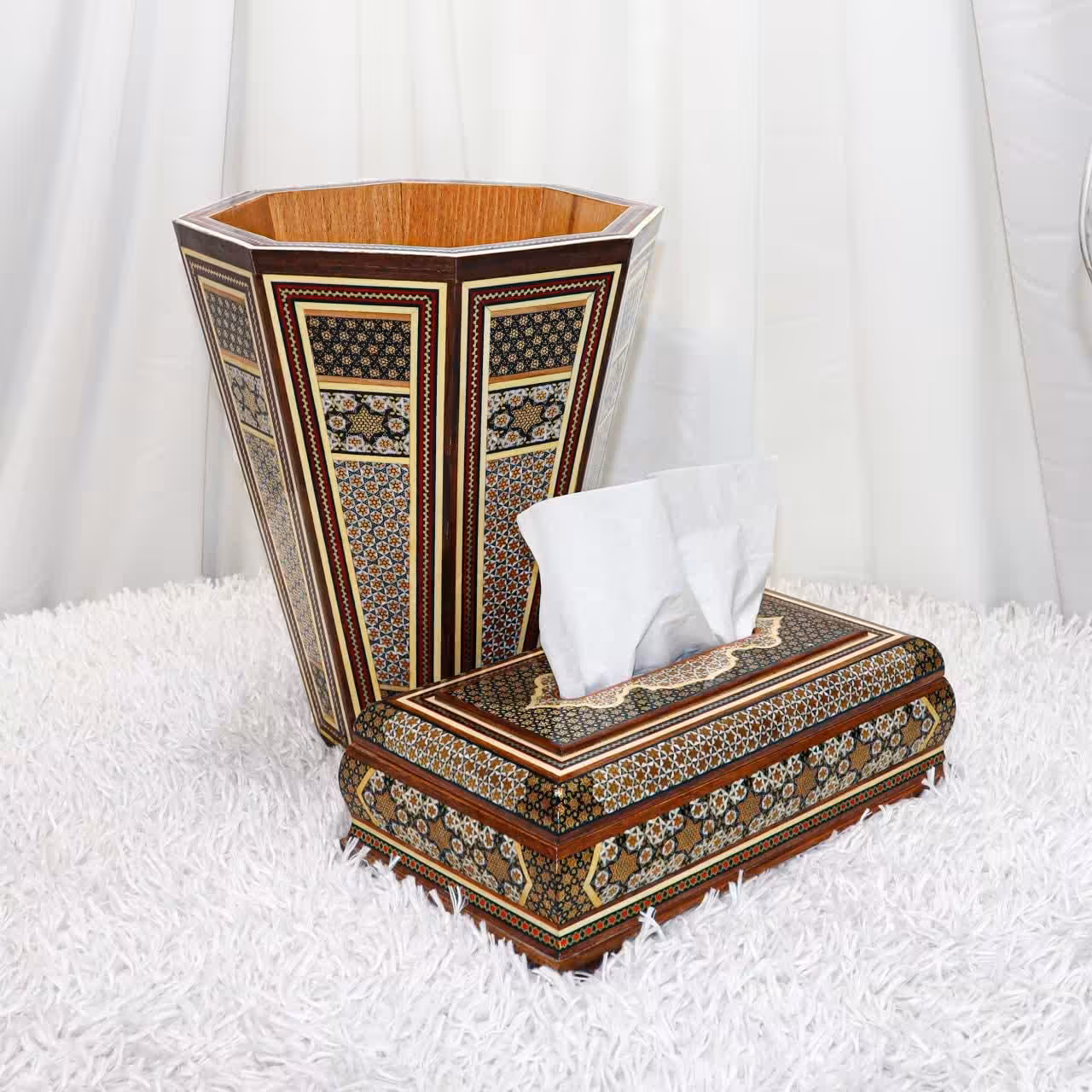 ست جعبه دستمال کاغذی لولادار و سطل زباله اعلا خاتم کاری(مدل توپی تیره)(گارانتی 120 ماهه)