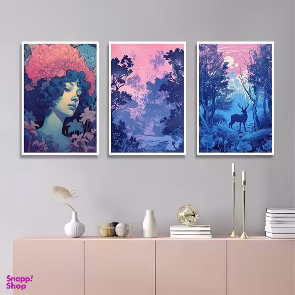 تابلو بکلیت طرح نقاشی جنگل و گوزن مدل W-1174 مجموعه 3 عددی