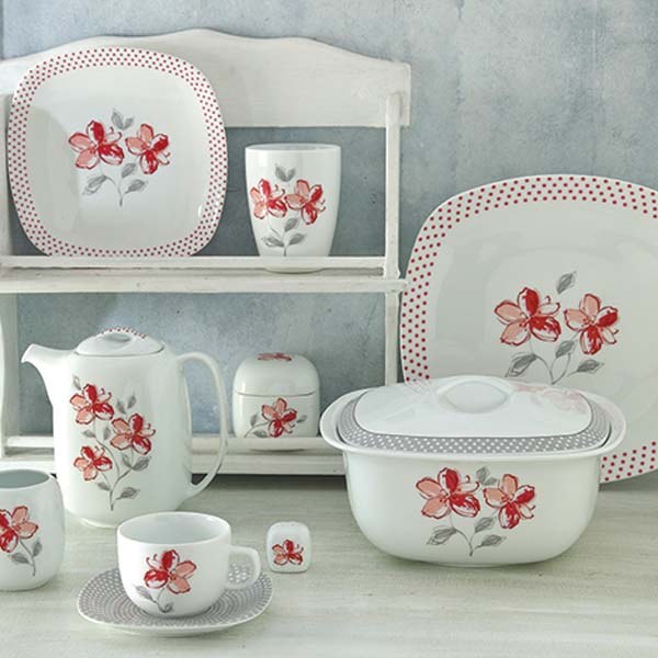 سرویس چینی زرین 12 نفره طرح والنسیا قرمز  قالب کواترو 98 پارچه