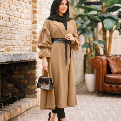 مانتو بلند عروسکی باکمربندچرمی تمام کلوش اسکاچی گرم بالا