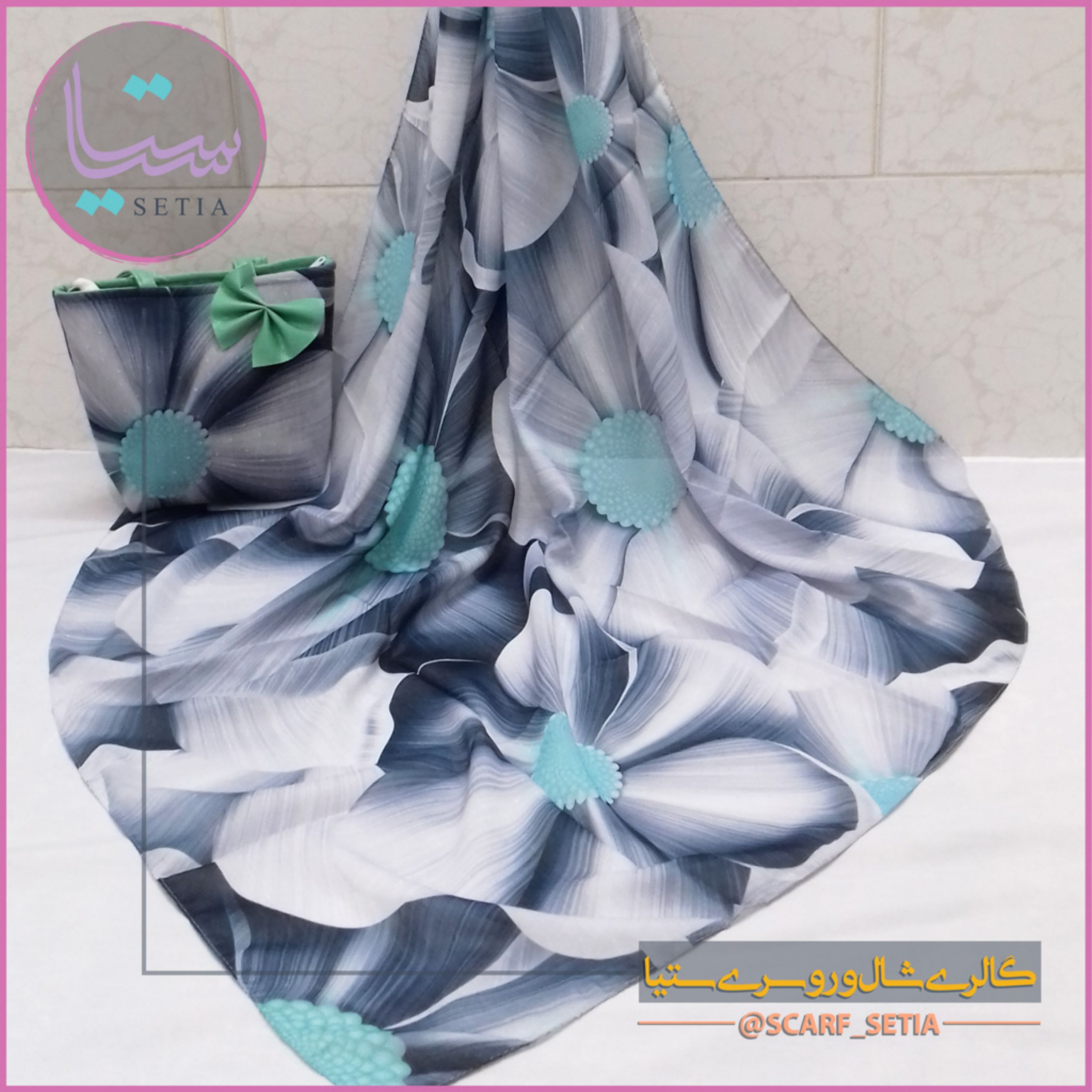 ست کیف و روسری طرح گل سبز (قواره 100)
