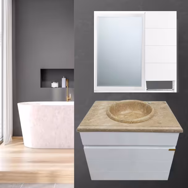 روشویی کابینتی دیواری سفید با سنگ طبیعی توکار کرم همراه آینه باکس