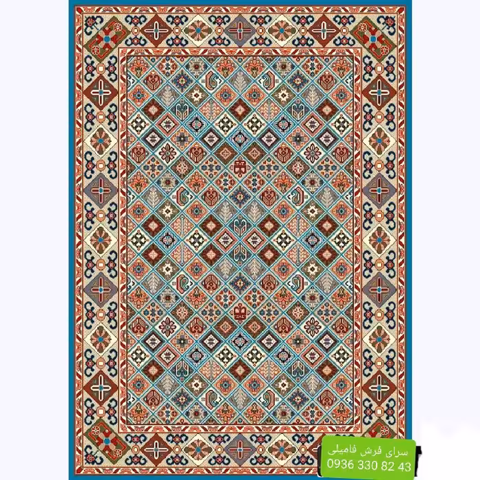 گلیم فرش ماشینی نقشه محراب رنگ آبی فیروزه ای 9متری