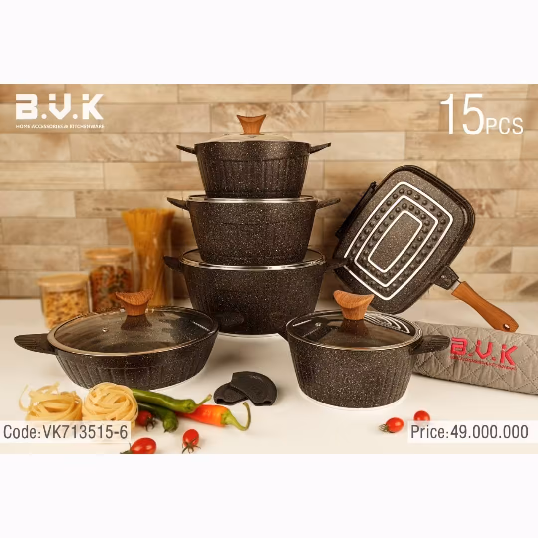 سرویس قابلمه 15 پارچه bvk دورو گرانیت رنگ مشکی