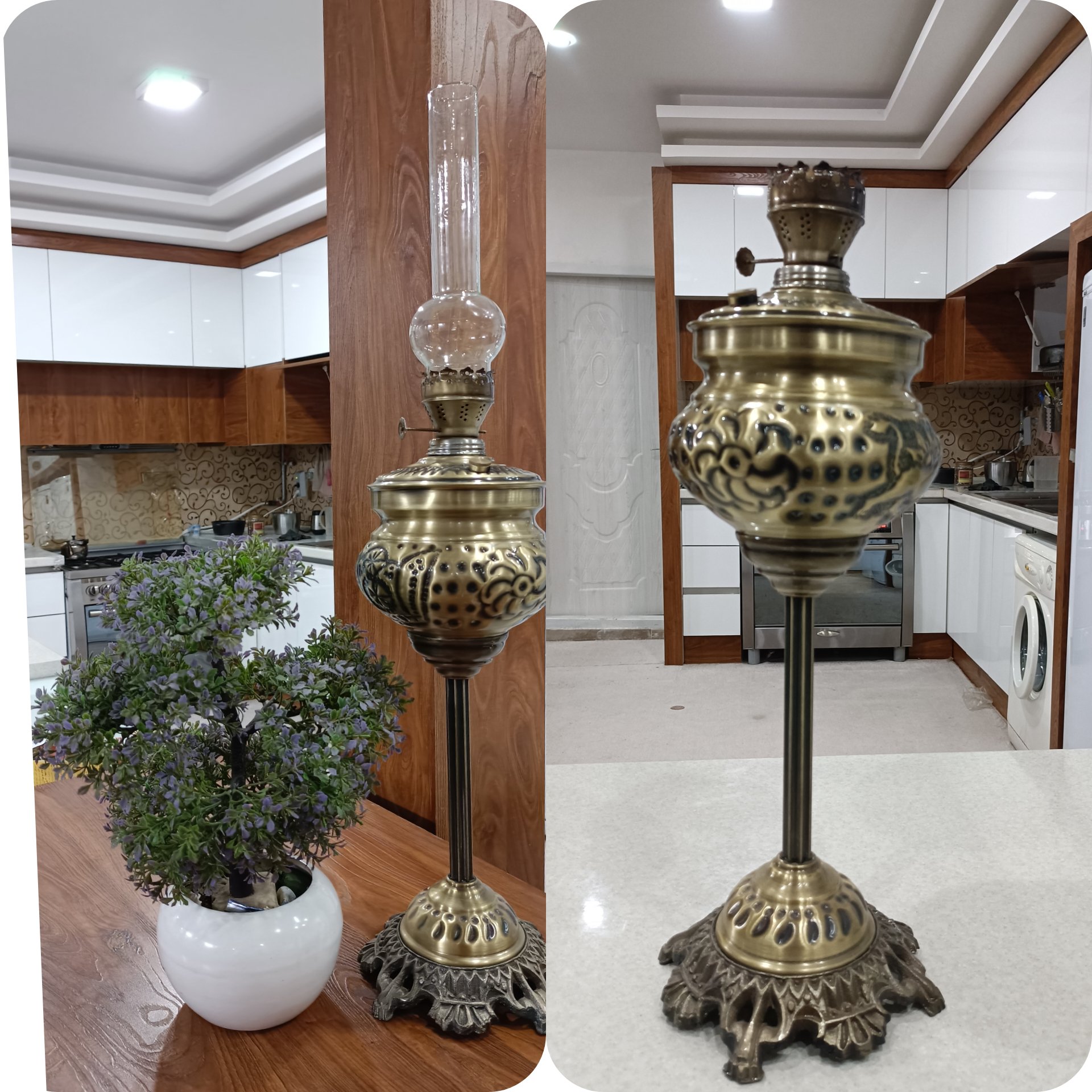 چراغ گرد سوز پایه بلند فیتیله تخت ارتفاع 50 سانتیمتر جنس آنتیک