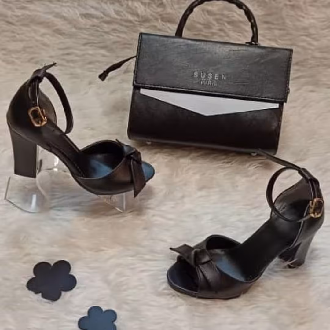 ست کیف و کفش دخترانه مشکی چرم پاپیون ضربدری