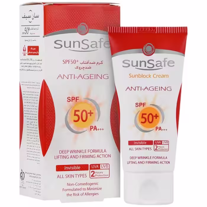 کرم ضد آفتاب بی رنگ سان سیف فاقد جاذب های شیمیایی  SPF50 حجم 50 میلی لیتر