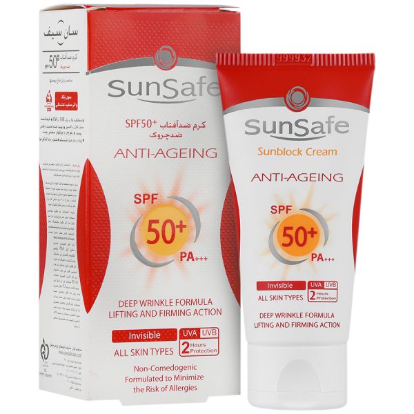 کرم ضد آفتاب بی رنگ سان سیف فاقد جاذب های شیمیایی SPF50 حجم 50 میلی لیتر