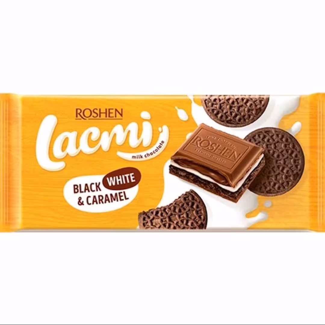 شکلات شیری کارامل سیاه و سفید 100 گرم لاکمی روشن Roshen Lacmi