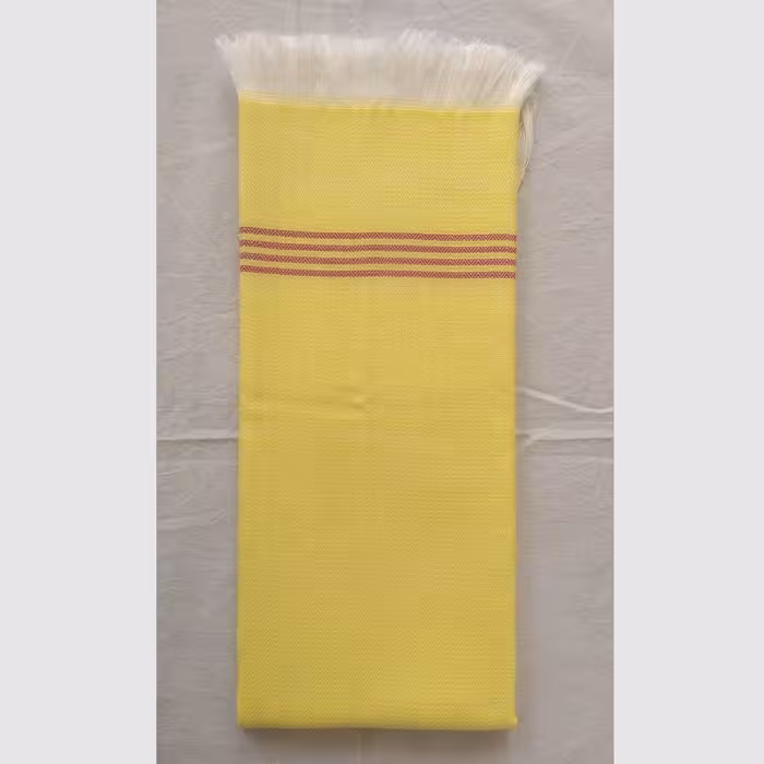 حوله دستباف دست و صورت ساده زرد با حاشیه های قرمز