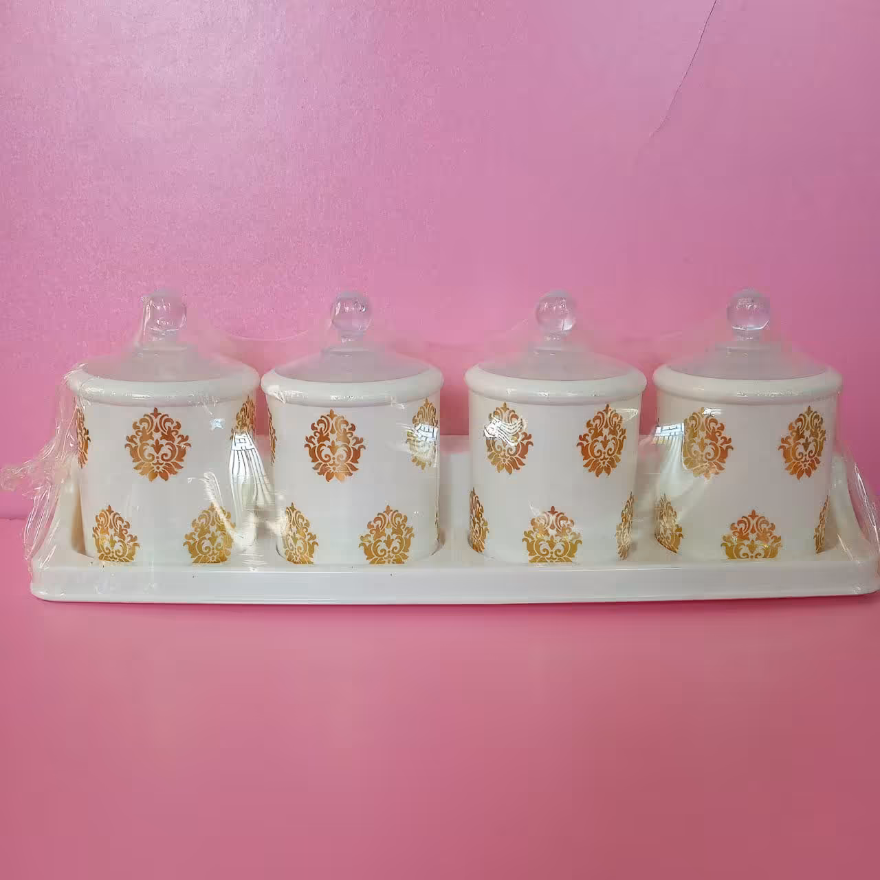 جا ادویه 5 تیکه طرح طلایی طرح سرامیکی مارک رز پلاستیک رنگ سفید (جاادویه )