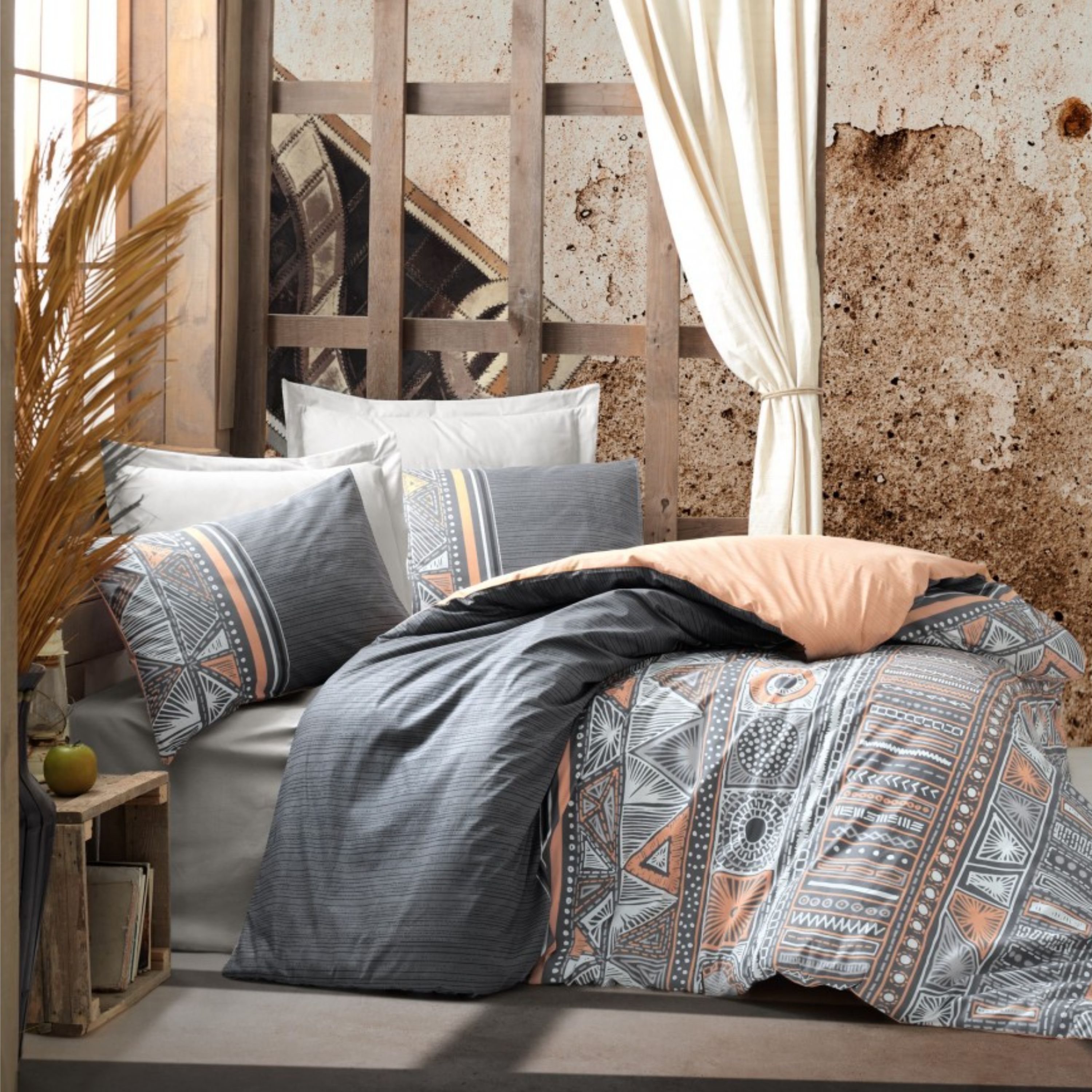 ست ملحفه کاتن باکس مدل Ethnic Adiel Gri دو نفره 4 تکه