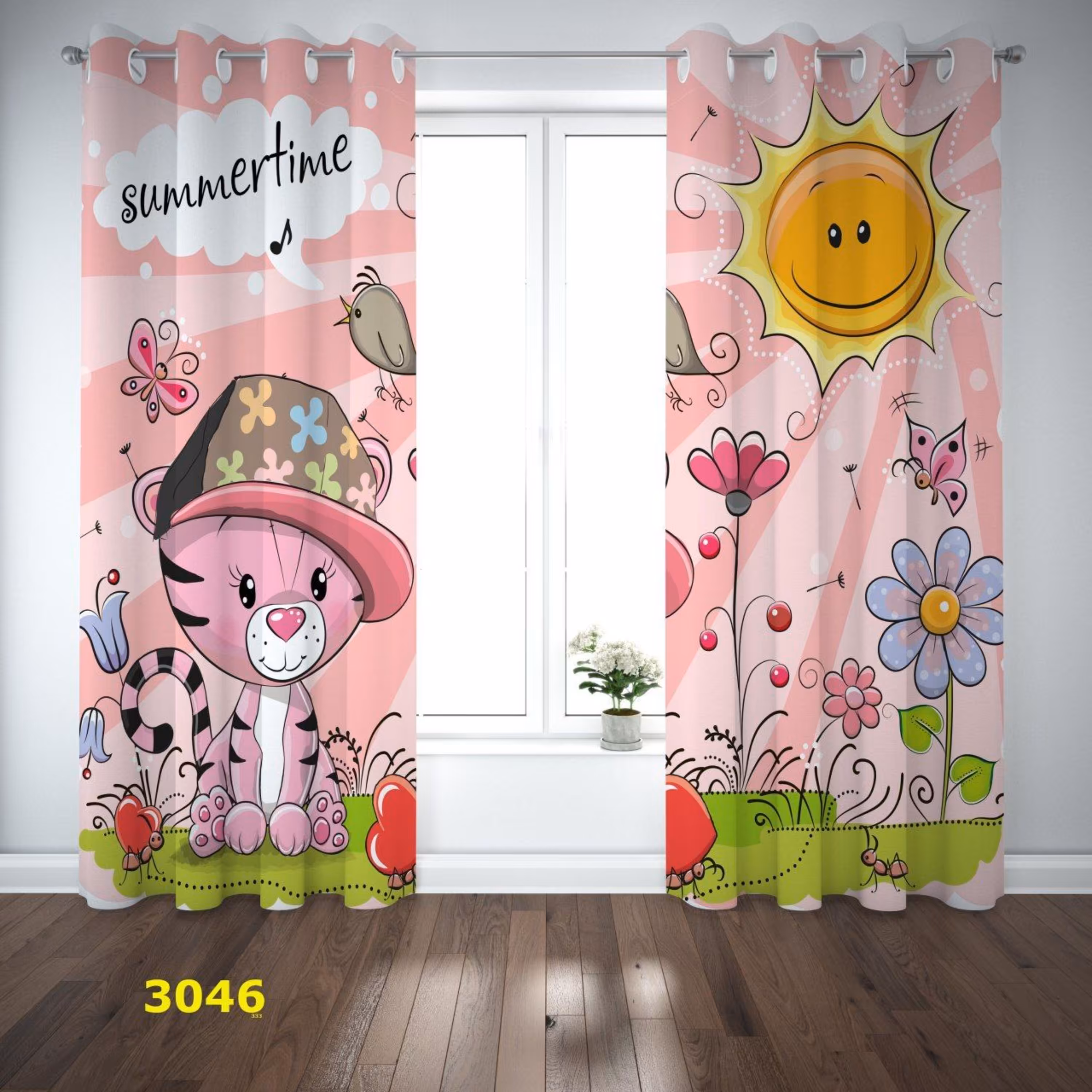 پرده اتاق کودک ( گربه صورتی ) - کد 3046