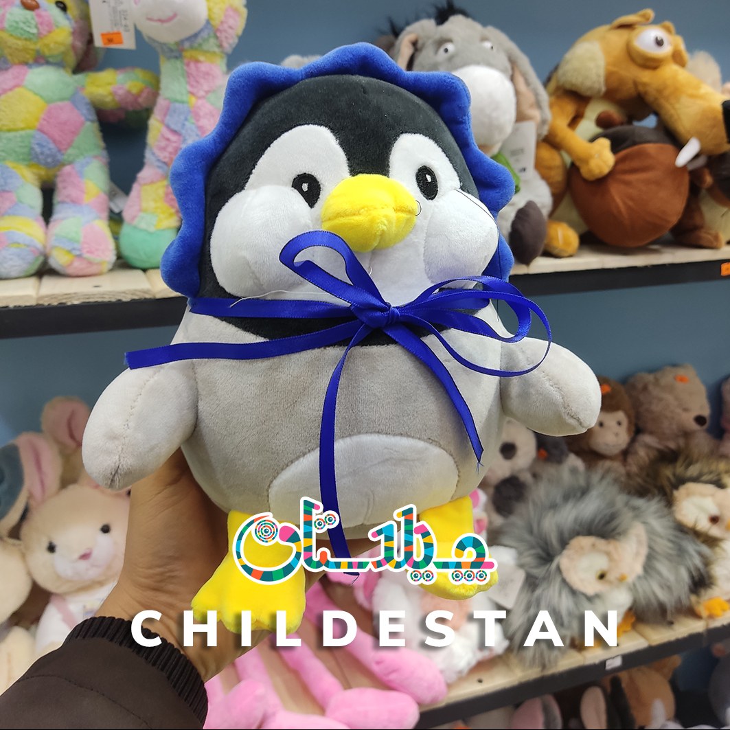 عروسک پولیشی اورجینال طرح پنگوئن لپ دار گردن پاپیونی ارتفاع 20 سانتی متر رنگ آبی