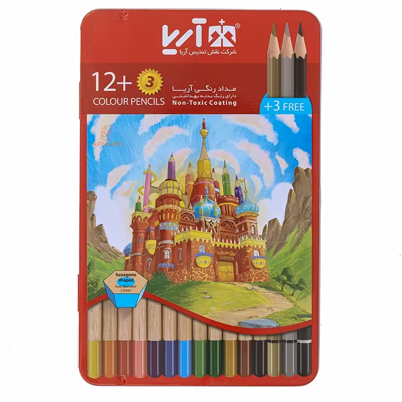 مداد رنگی 3 12 رنگ جعبه فلزی تخت طرح معبد آریا ARYA