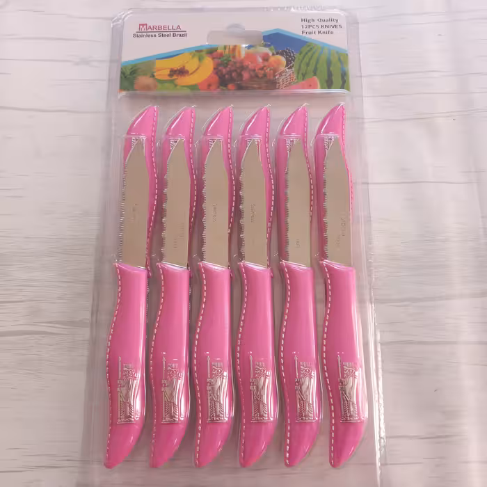 چاقو میوه خوری ماربلا 12 عددی طرح هخامنشی برجسته تیغه استیل دسته پلاستیک فشرده وارداتی برزیل کارد میوه خوری رنگ صورتی 
