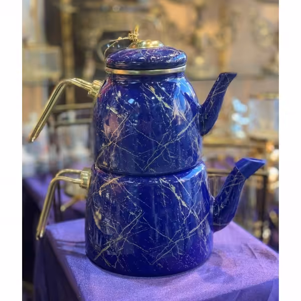 کتری و قوری لعابی پاچی آبی ماربل