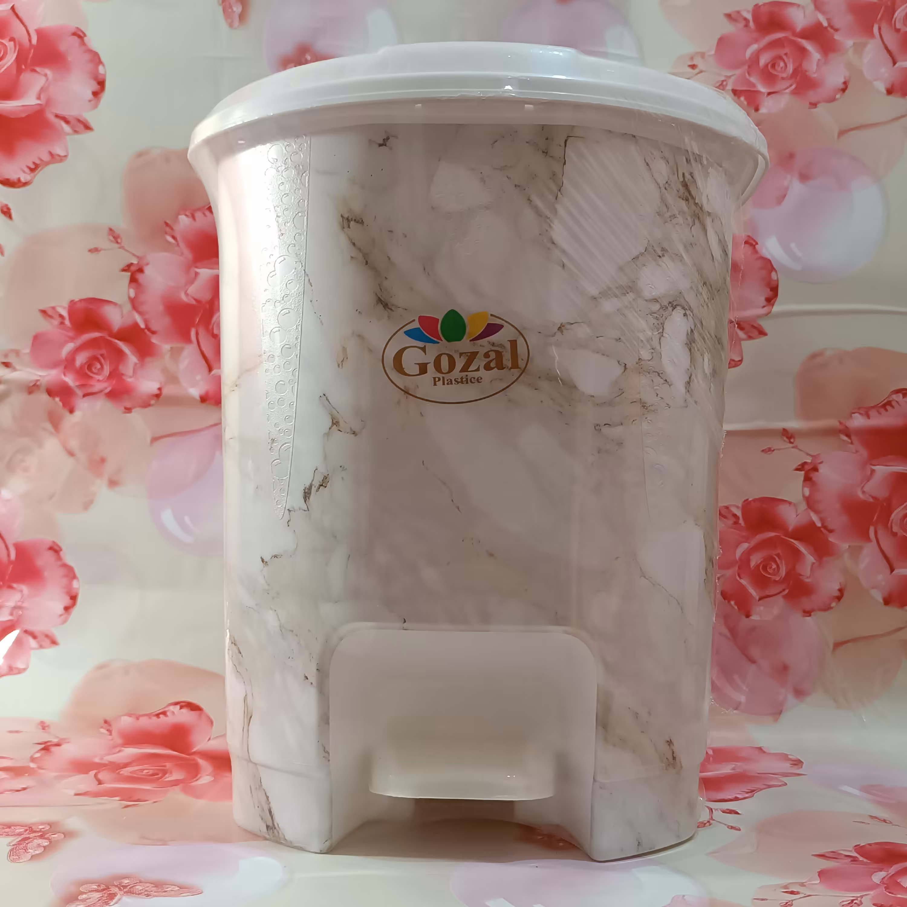 سطل زباله پدالی ماربل طرح سنگ ، سایز متوسط، رنگ سفید، ارتفاع 30 قطر 25