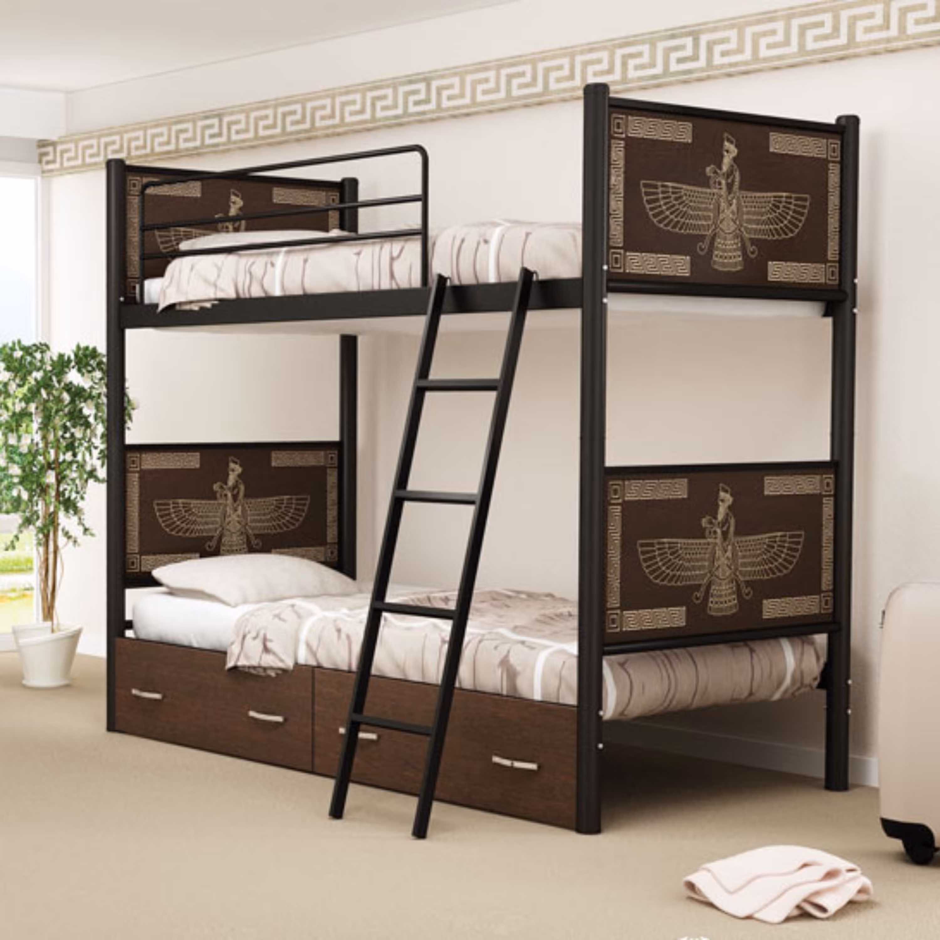 تخت خواب دو طبقه چوب و فلز مدل فروهر با کشو بدون تشک (پرداخت کرایه پس از تحویل)