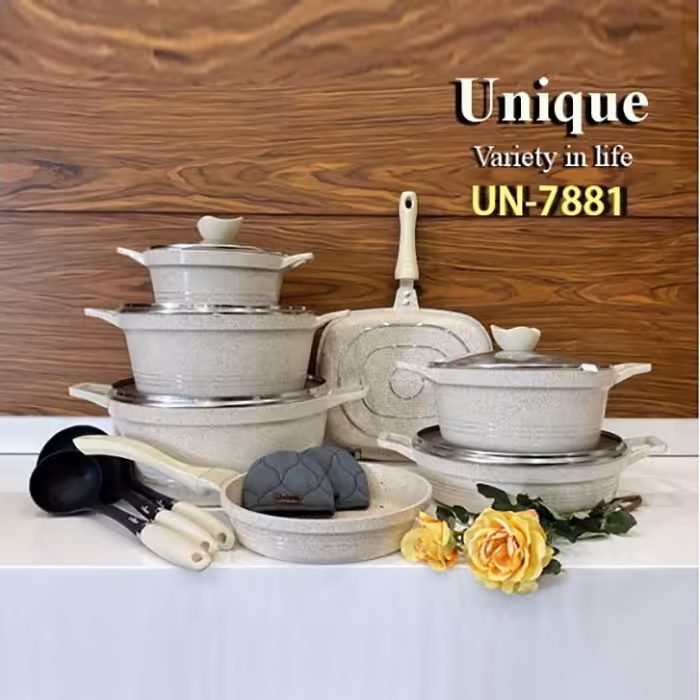 سرویس قابلمه 16 پارچه کلاسیک رنگ کرم یونیک کد 7881