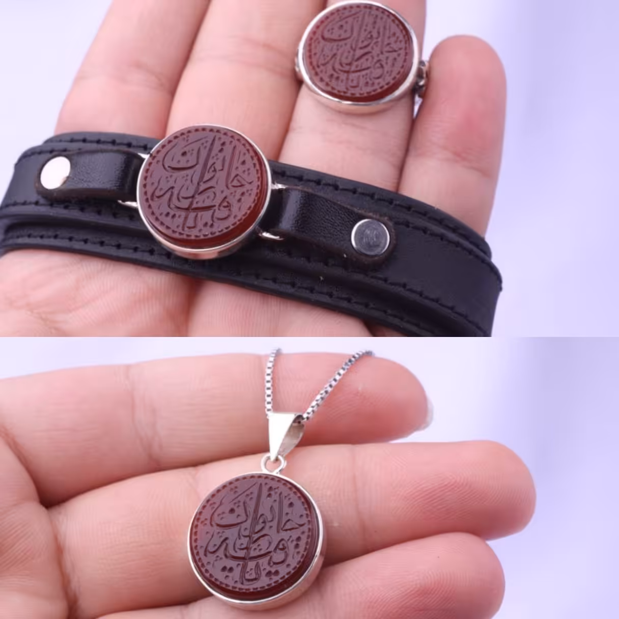 ست انگشتر،دستبند چرمی و مدال توگردنی عقیق