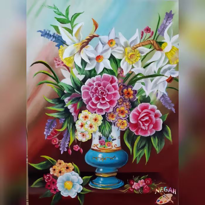 تابلو  نقاشی رنگ روغن روی بوم گل  و گلدان                 