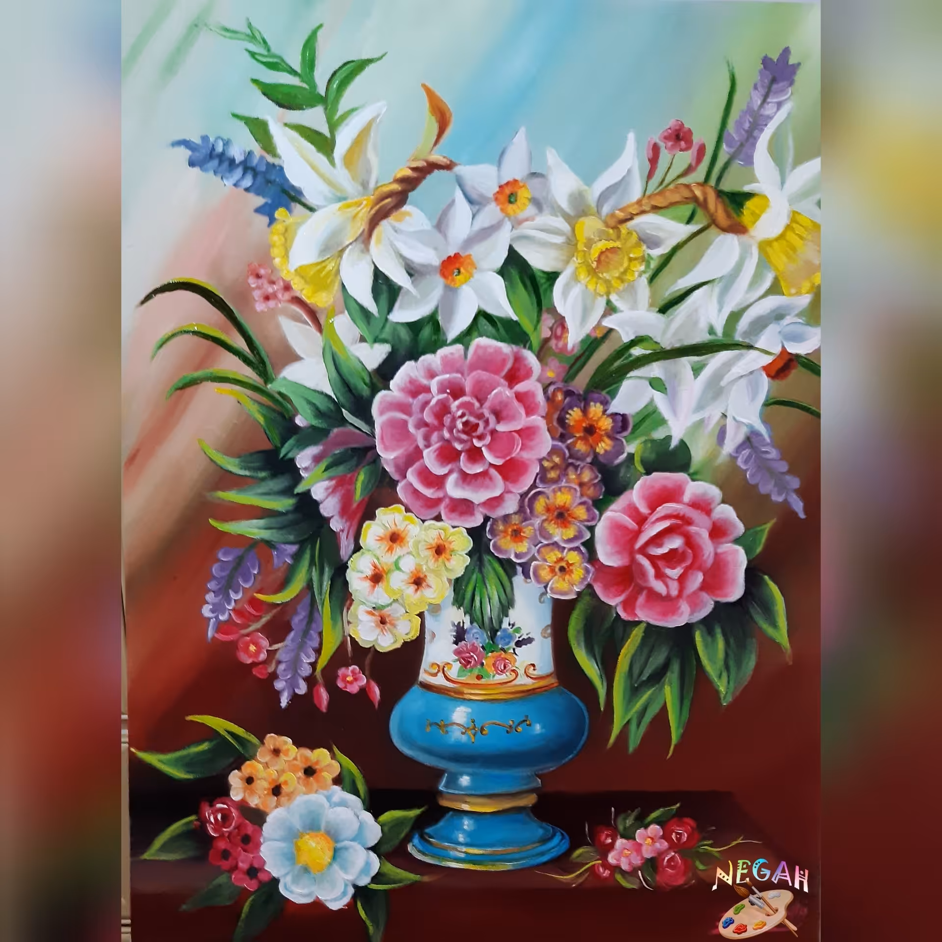 تابلو  نقاشی رنگ روغن روی بوم گل  و گلدان                 