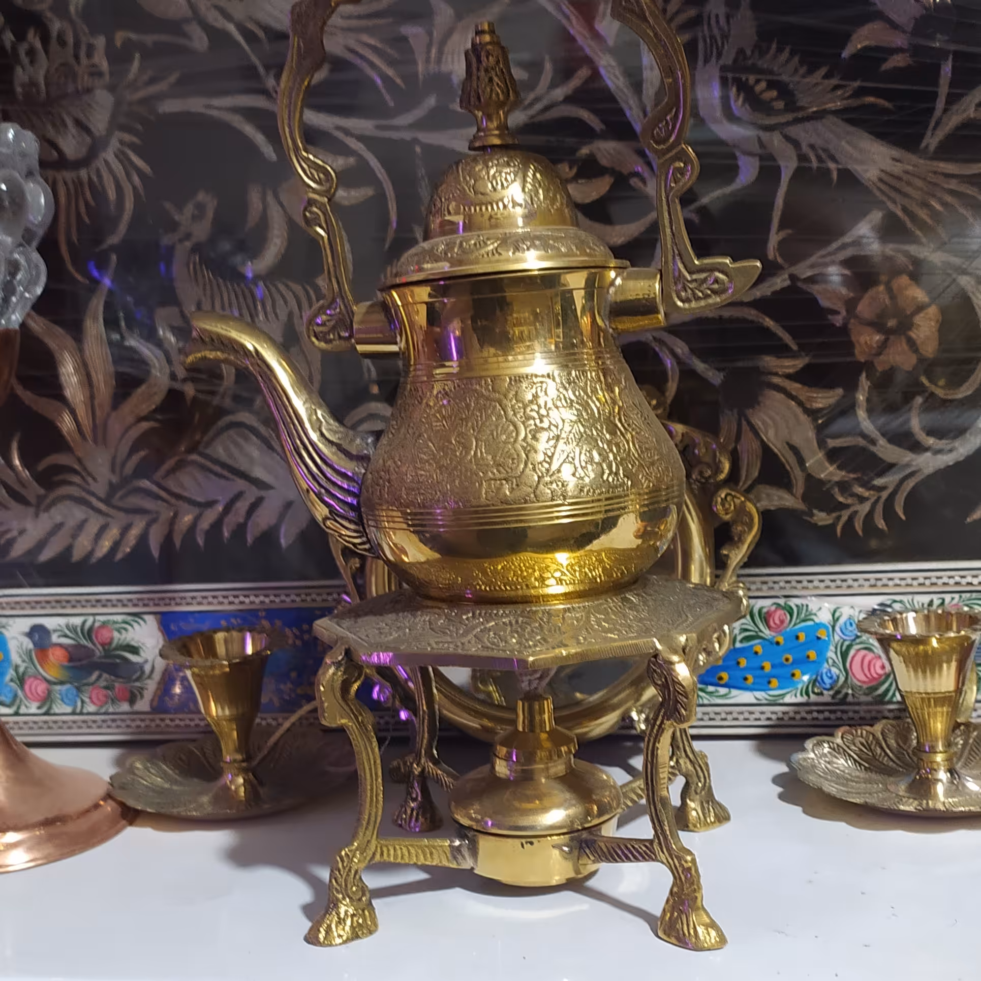 قوری وارمر دار  برنجی هندی با چراغ الکلی