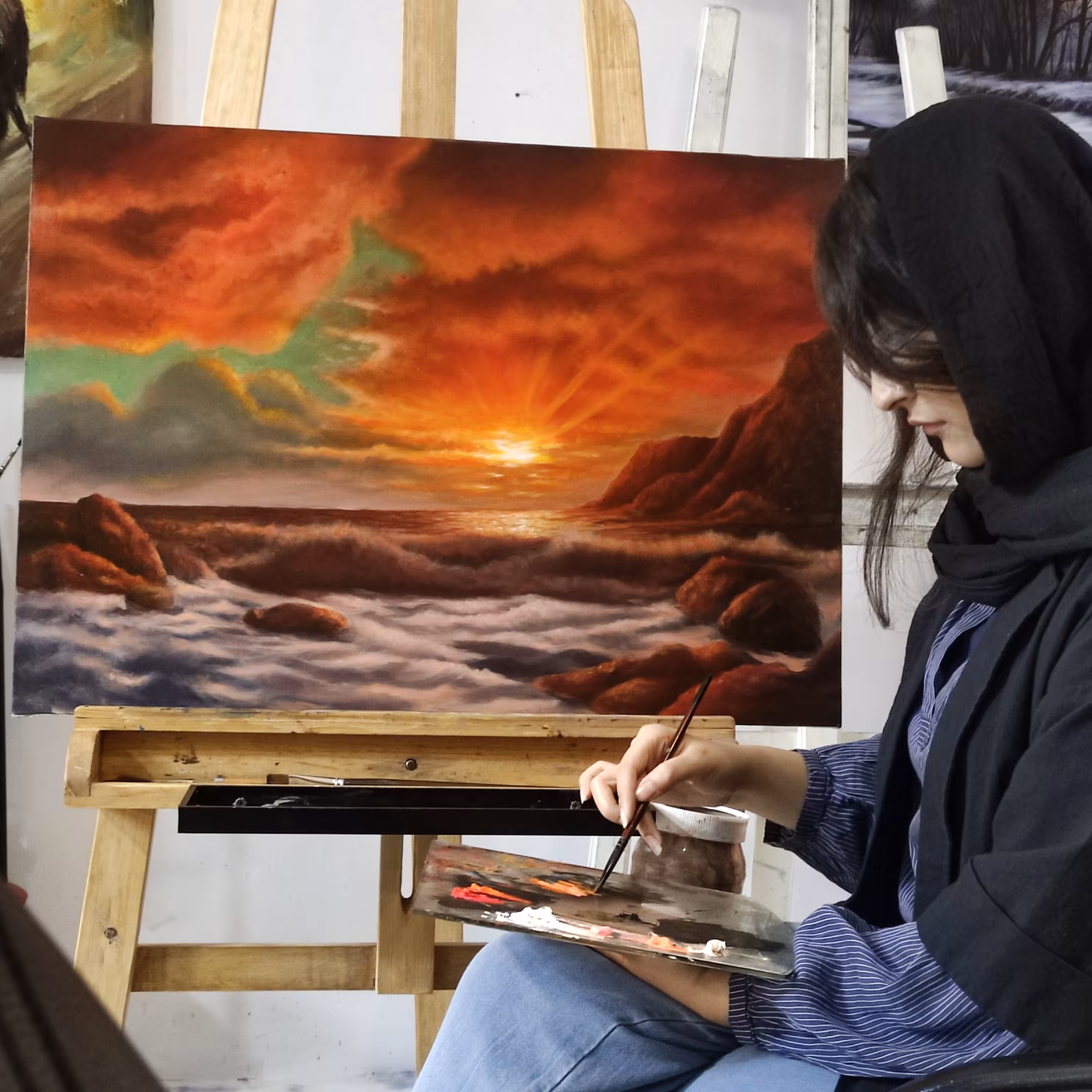 تابلو  غروب از پس دریا ( رنگ روغن)