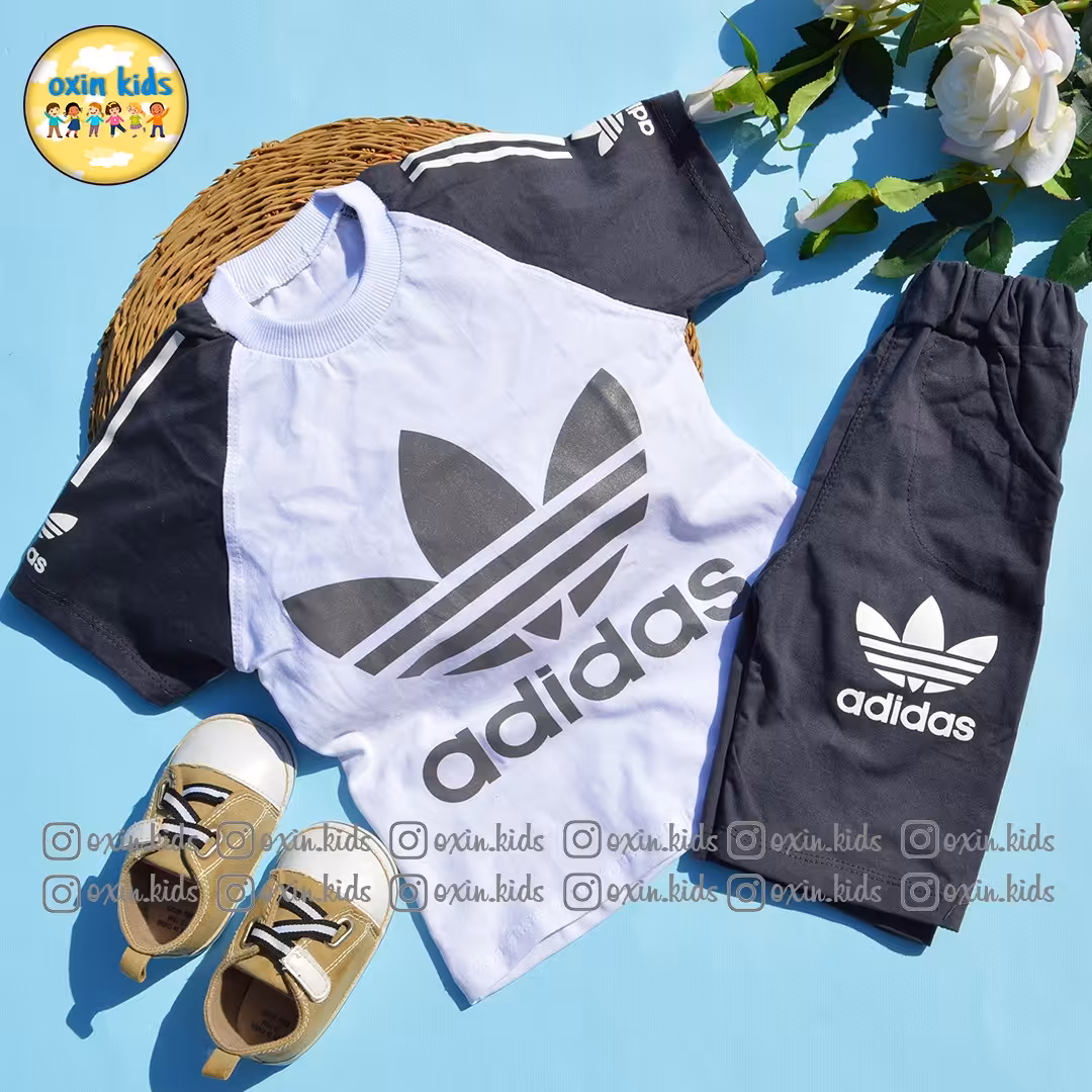 ست بلوز شلوارک پسرانه دخترانه اسپرت طرح آدیداس رنگ طوسی سایز 45 ارسال رایگان