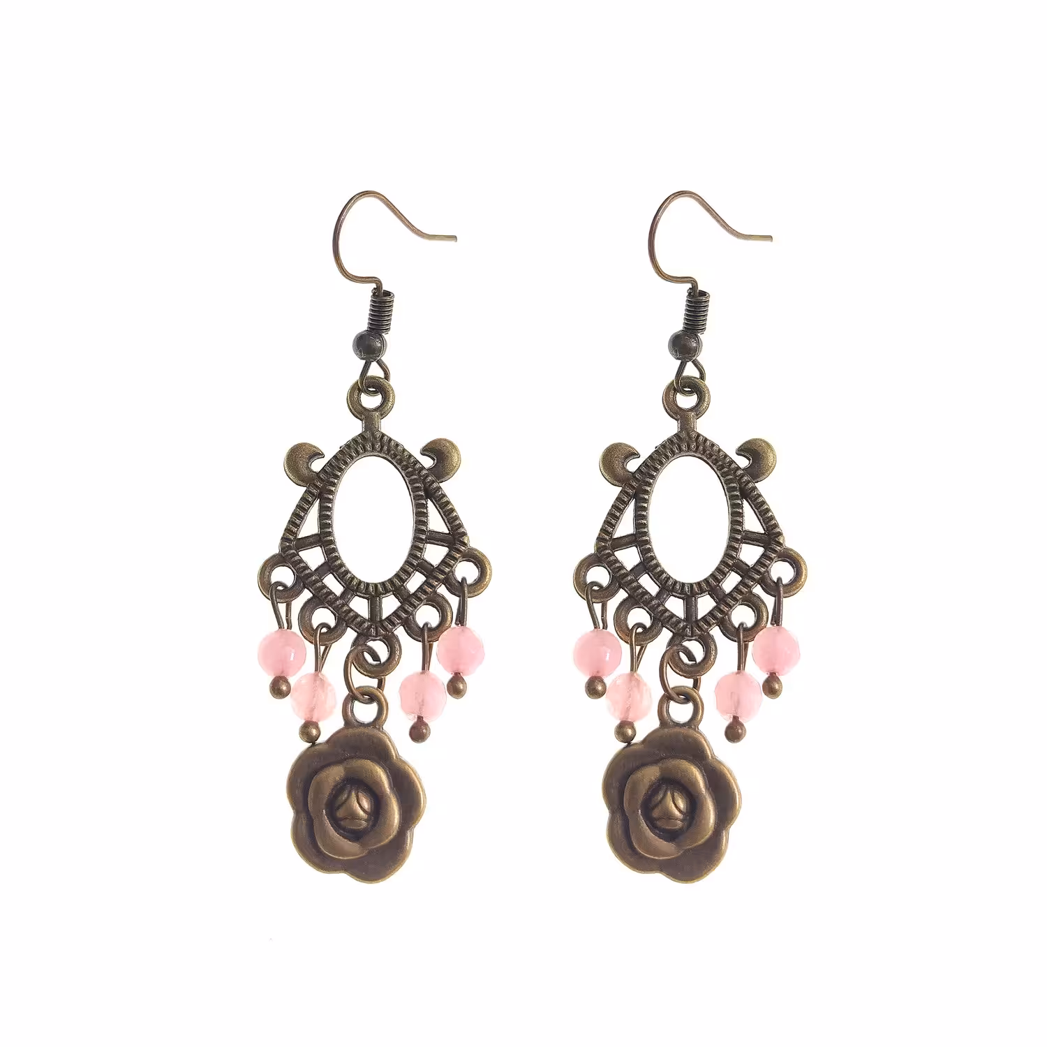 گوشواره برنزی مدل گل و سنگ جید صورتی