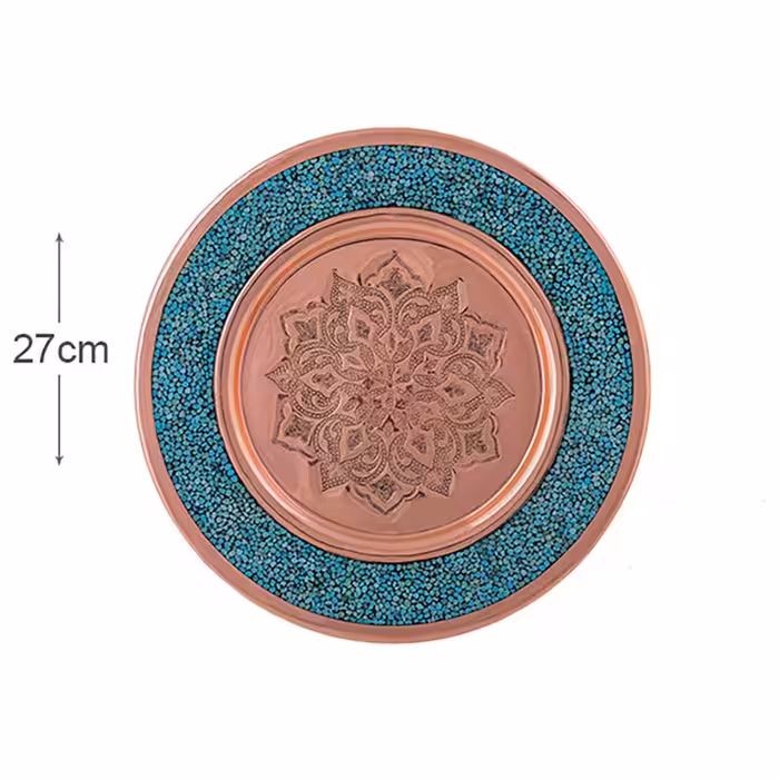 پشقاب فیروزه کوبی نیشابور قلم زنی شده صنایع دستی سایروس 27 سانتی لب صاف 