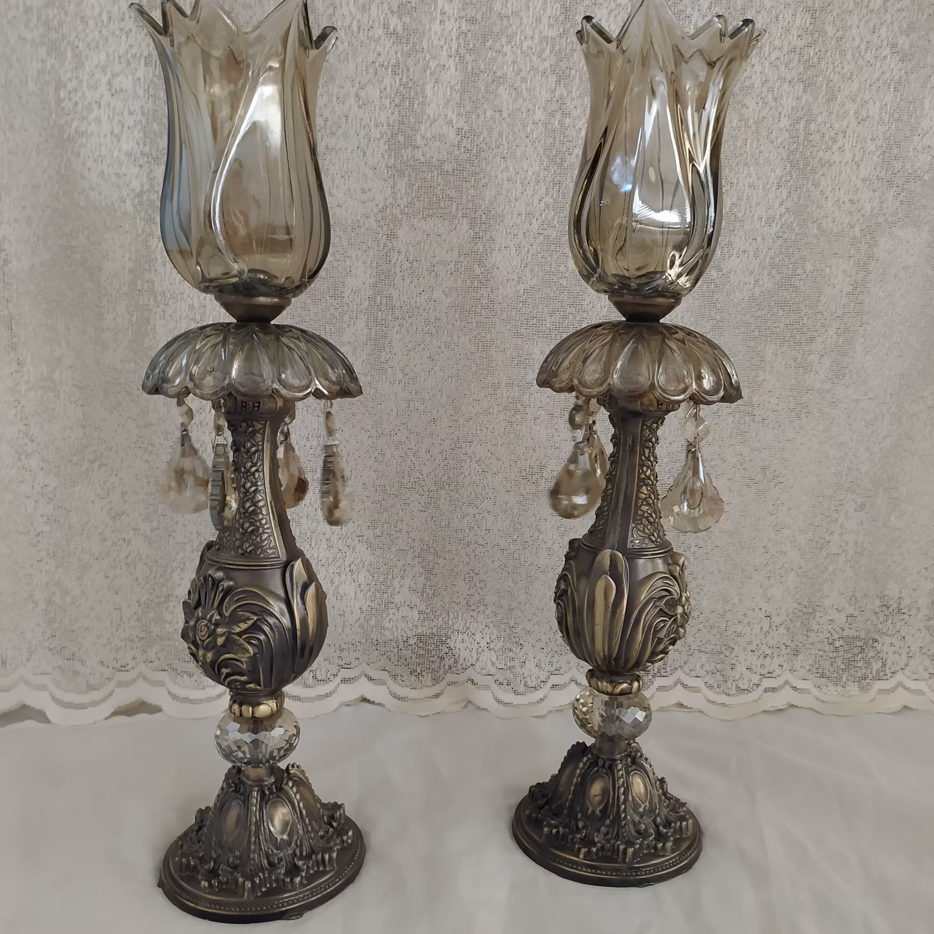 جفت شمعدان  پایه فلزی آلیاژ آبکاری شده با حباب شیشه ای