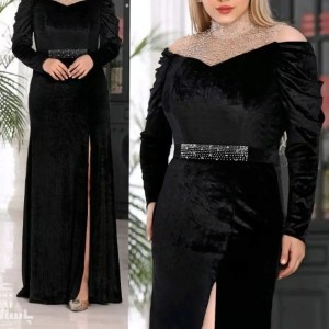 پیراهن مهمانی زنانه مخمل کره نگین و مروارید مدل مجلسی کارولین
