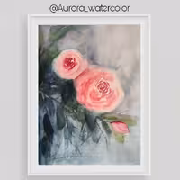 نقاشی گل رز صورتی تکنیک آبرنگ