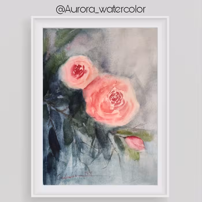 نقاشی گل رز صورتی تکنیک آبرنگ