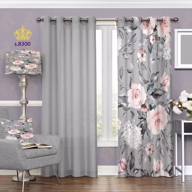 پرده پذیرایی تصویری جدید دو قواره پانچ آماده طرح گل کد 8300