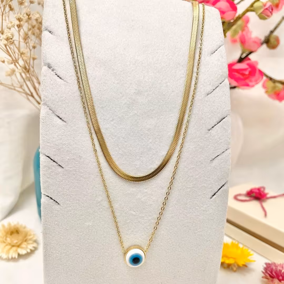 گردنبند دو لاین ماری و چشم نظر طرح طلا فول استیل6