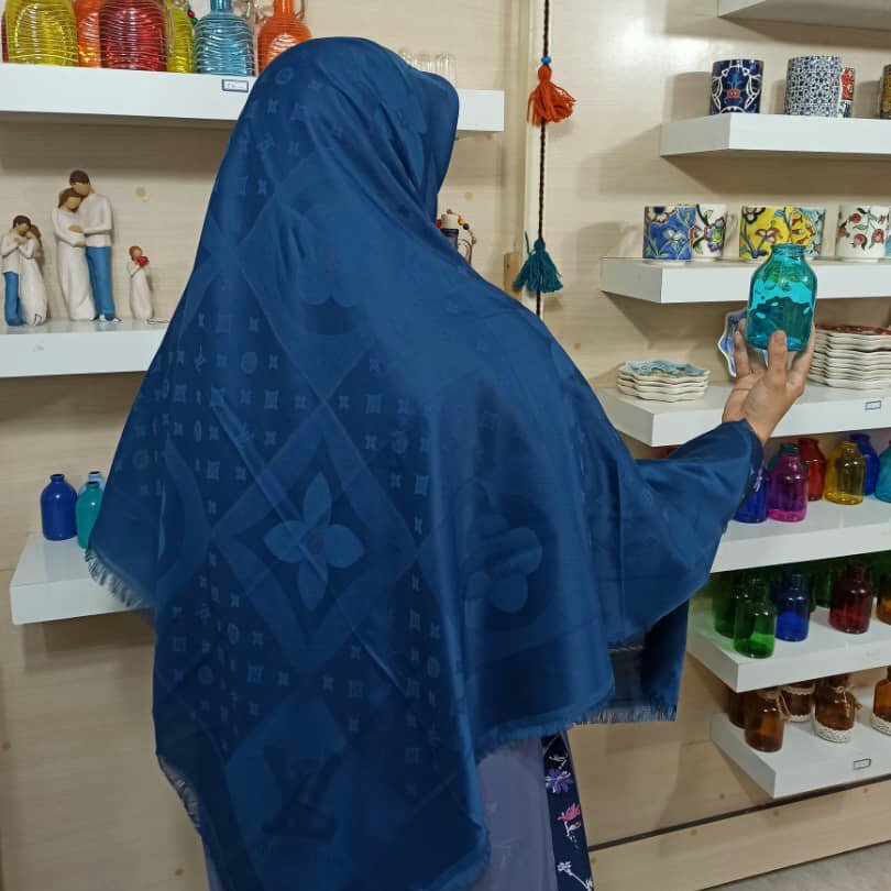 روسری نخی آبی طرح دار  ژاکارد قواره 140